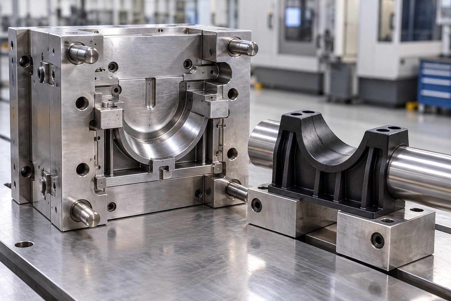 Single cavity mold and black nylon mounting saddle with reinforcing ribs, nylon saddle on a simple mating shaft fixture without test claims