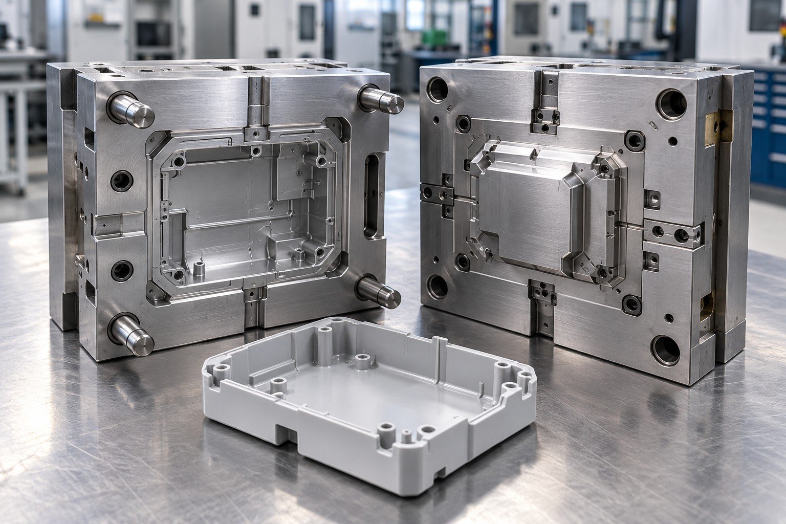 Mold parting edge close-up with coherent shutoff faces and matching cover