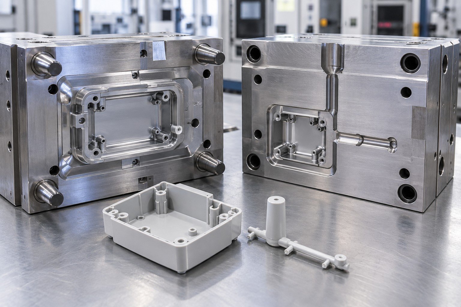 Single cavity gate and runner channel beside molded sprue and housing