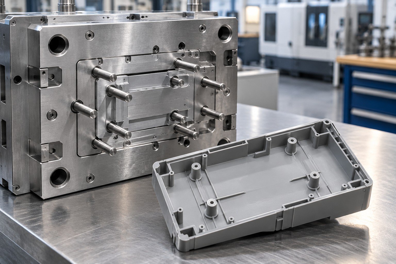 Ejector pin plate and plastic part underside showing contact locations