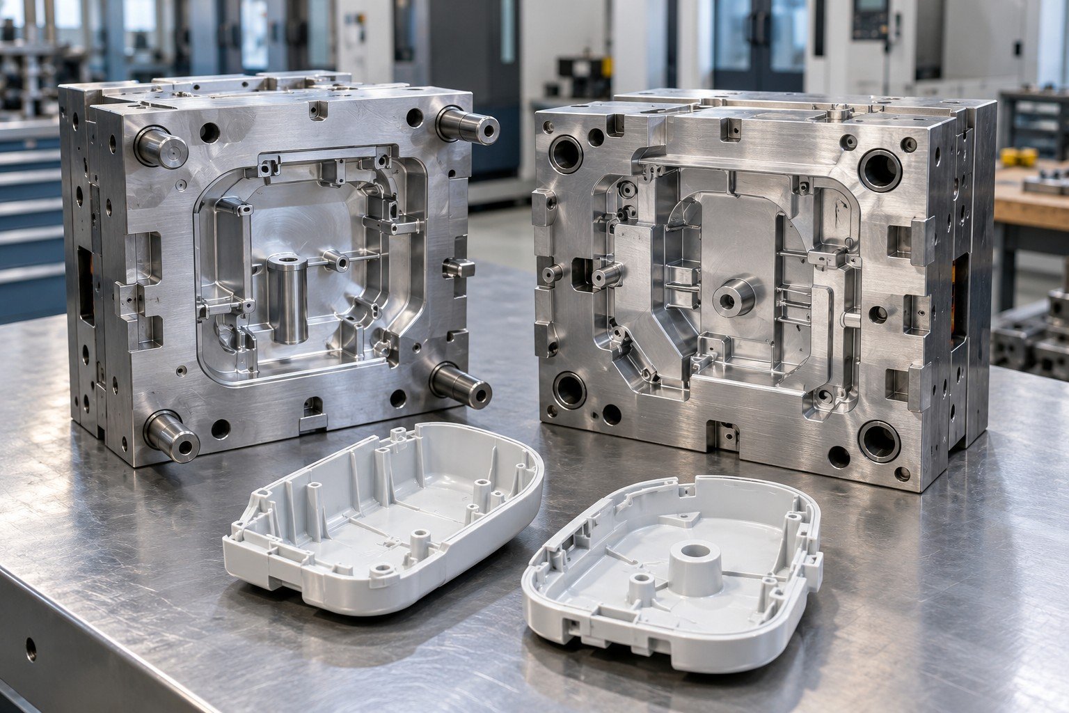 Two removable mold inserts with distinct mating-fit features and corresponding plastic parts