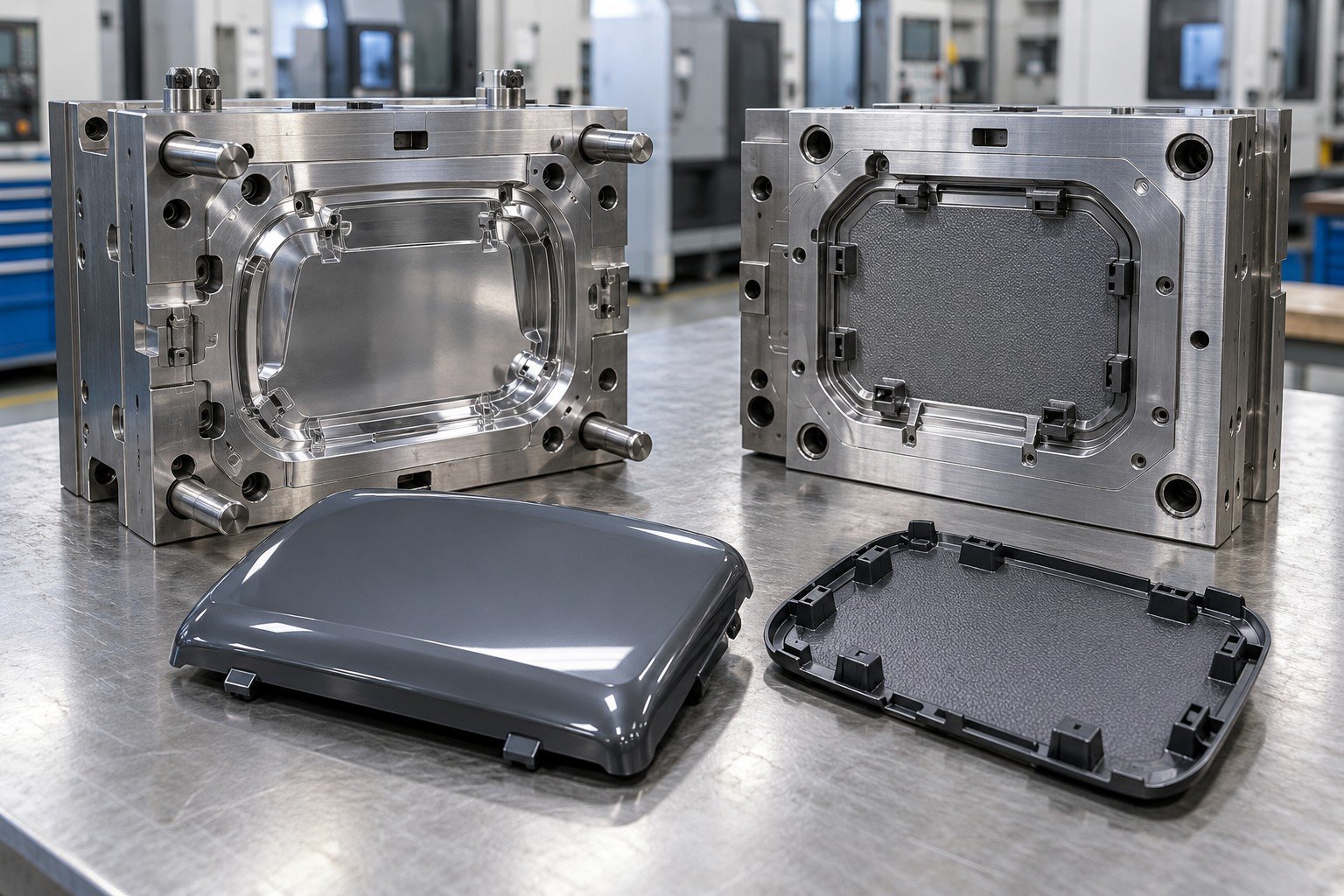 Plastic cover with polished visible face beside separately textured insert