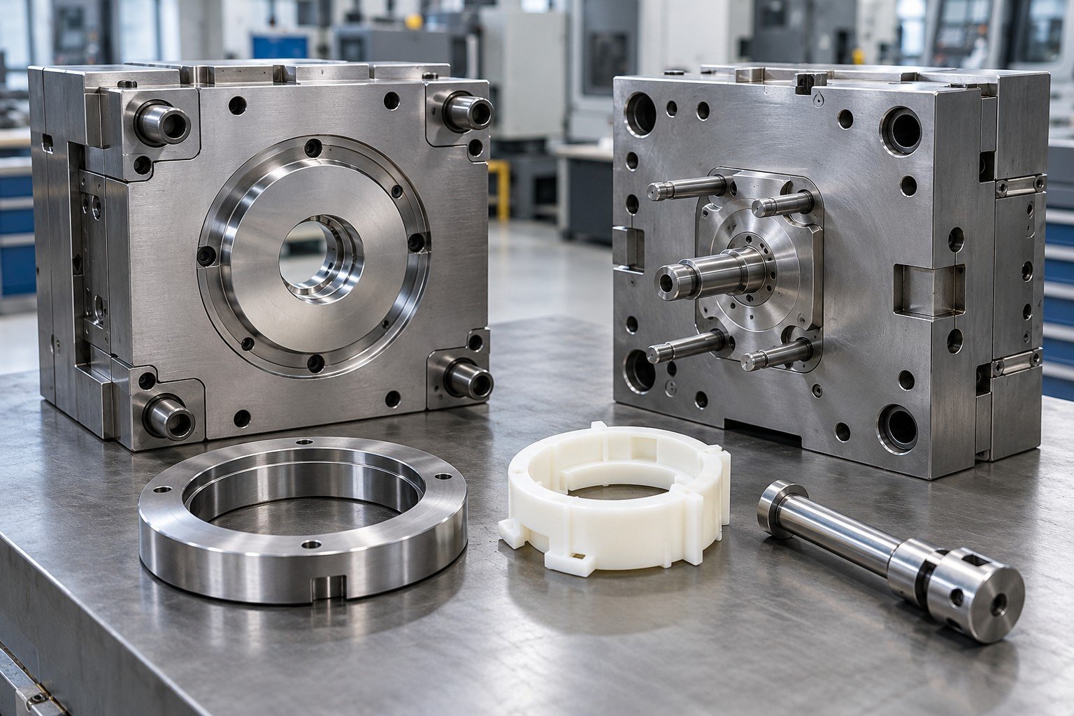 Prototype mold base locating ring and ejector coupling components arranged for compatibility review