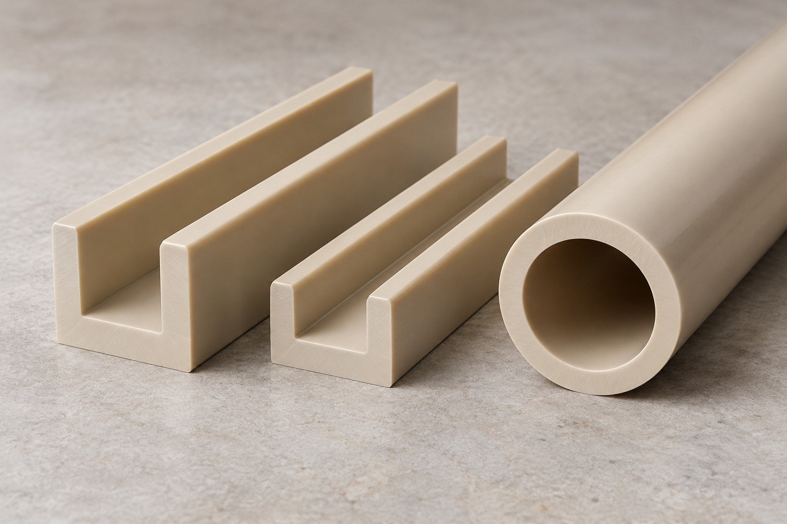 Beige PEEK constant-section guides and tube — illustrative generated concept