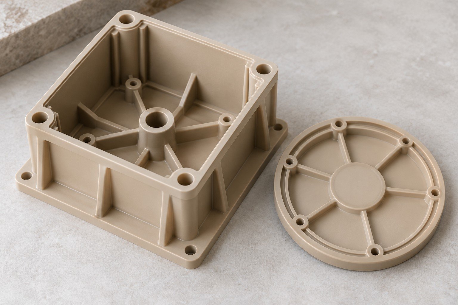 Beige PEEK molded housing and cover — illustrative generated concept