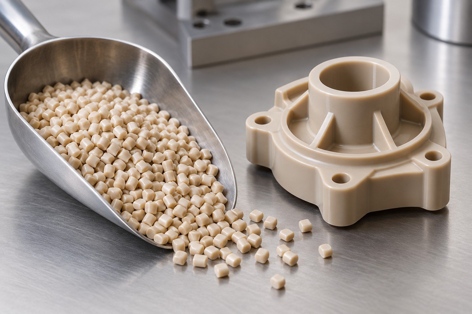 Beige PEEK resin granules and molded sample concept — illustrative generated concept