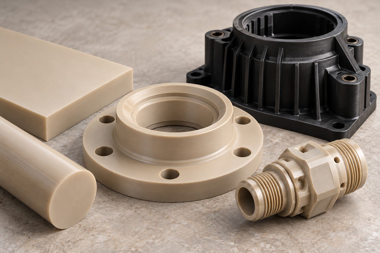 Beige PEEK seal carrier, threaded fitting, black housing and stock forms — illustrative generated concept