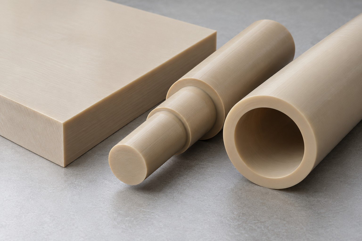 Beige PEEK sheet, rod and tube stock — illustrative generated concept