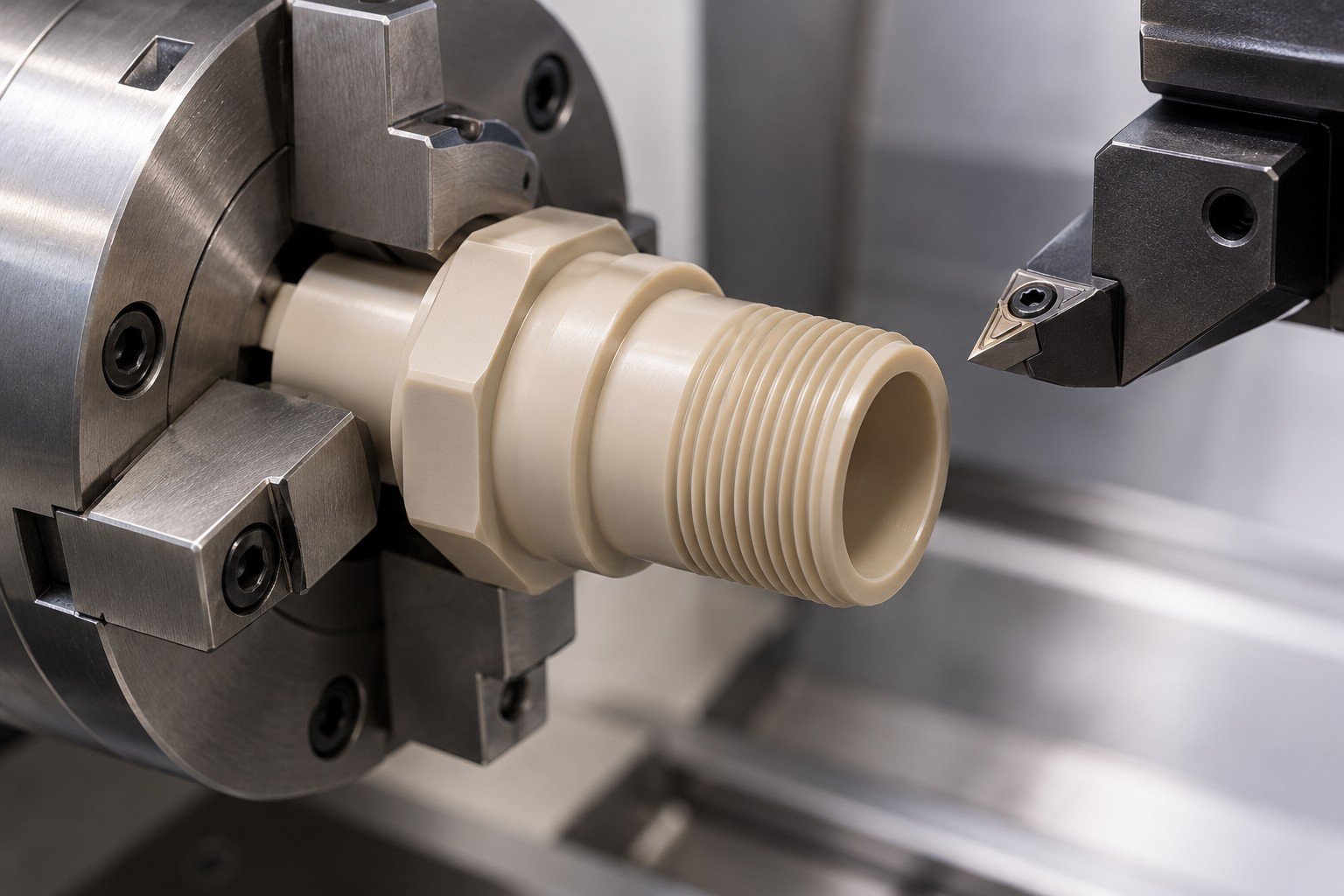 Beige PEEK threaded fitting in turning fixture — illustrative generated concept