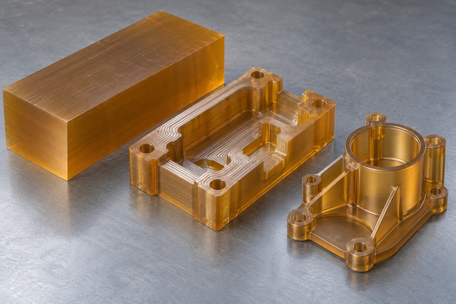 PEI amber blank and machining sequence — illustrative generated concept