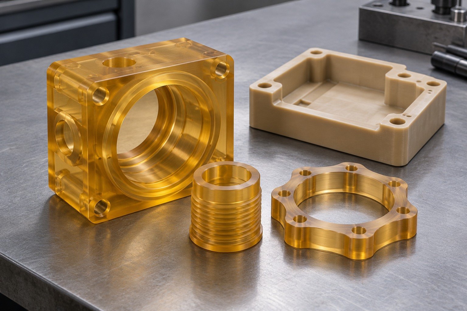 PEI amber machined housing spacers — illustrative generated concept