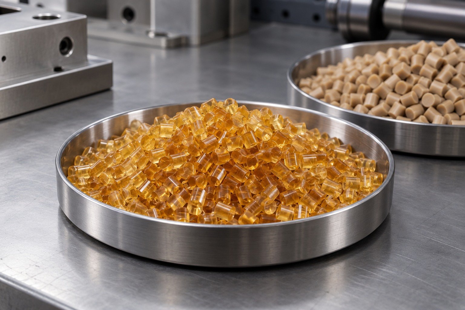 PEI amber resin pellets — illustrative generated concept