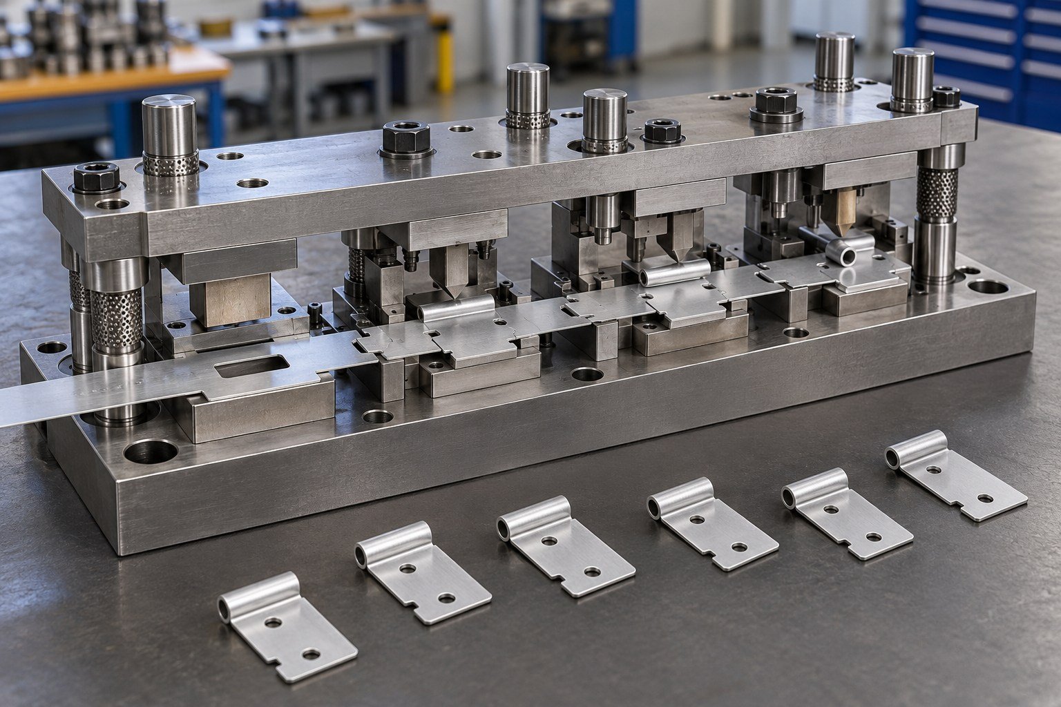 Illustrative tooling concept: Progressive stamping die with connected sample strip and finished aluminum hinge leaves