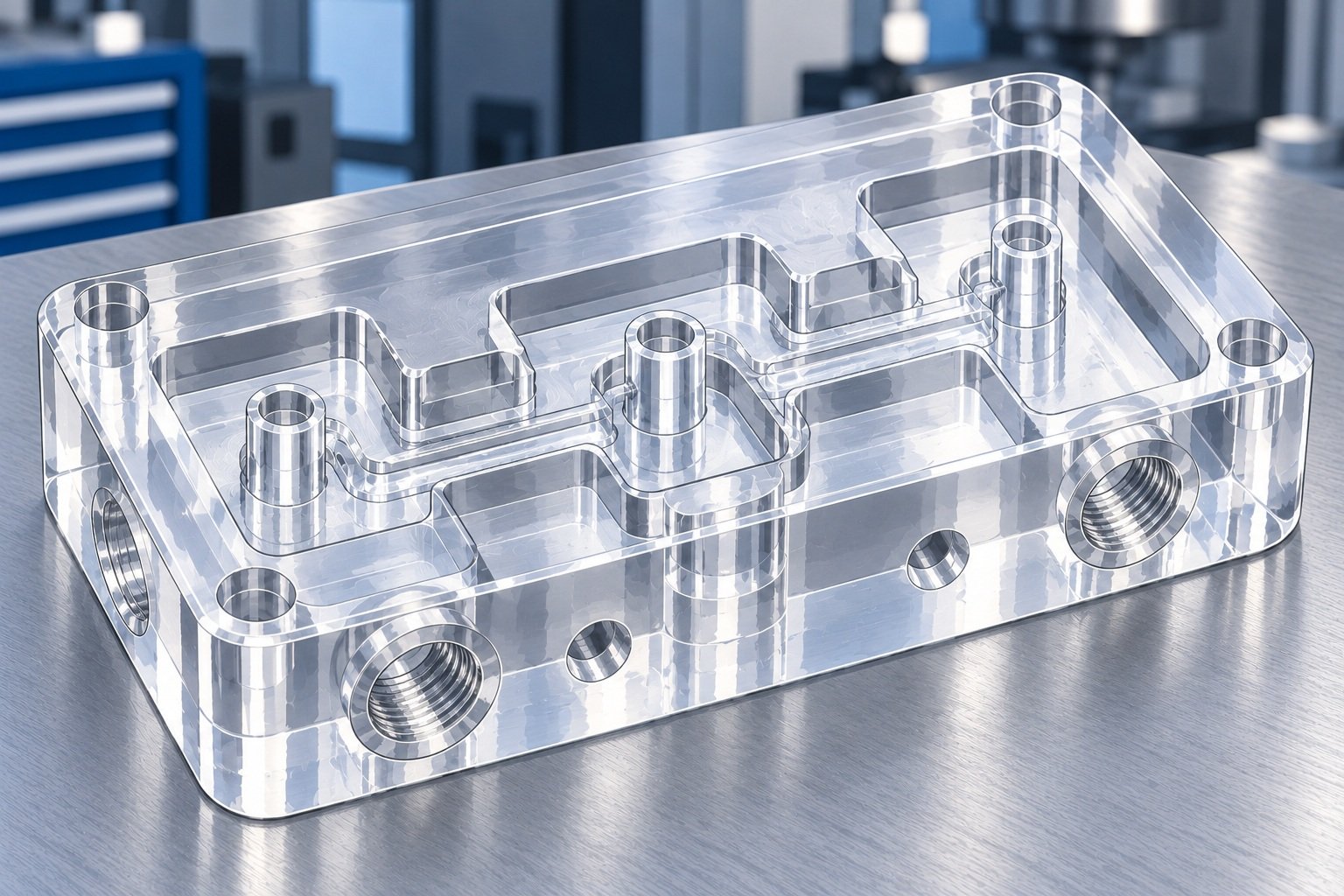 Clear machined acrylic ported block — illustrative generated concept
