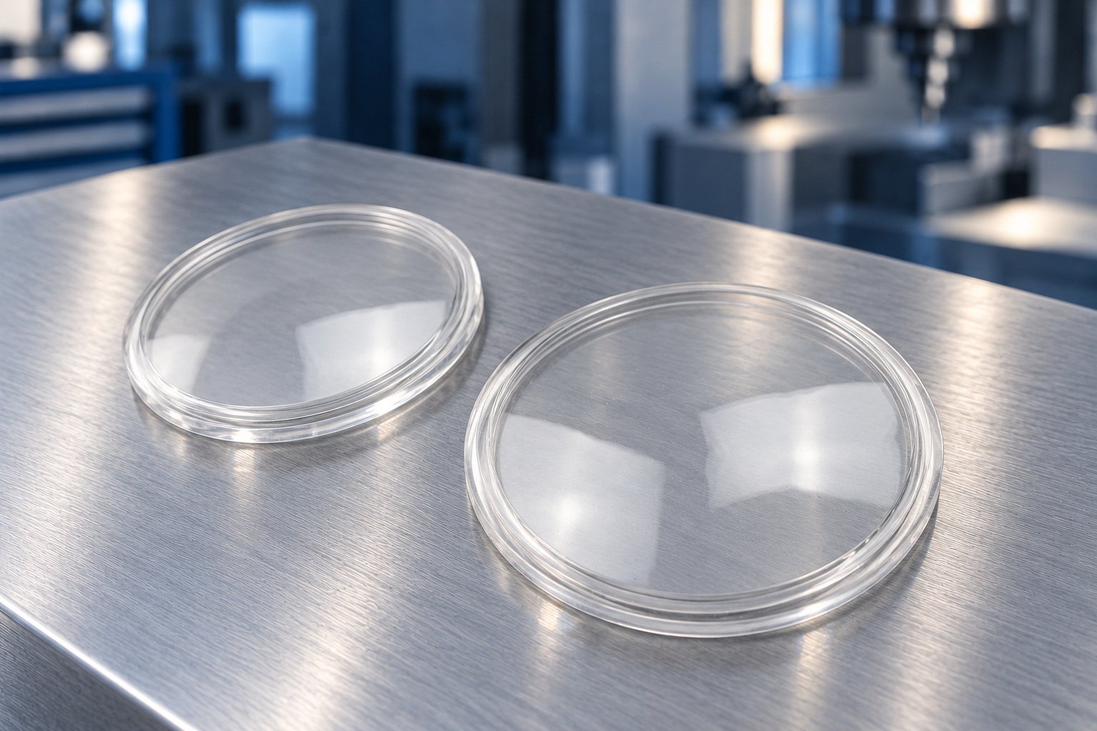 Retouched photograph of clear acrylic circular covers; material identity subject to verification