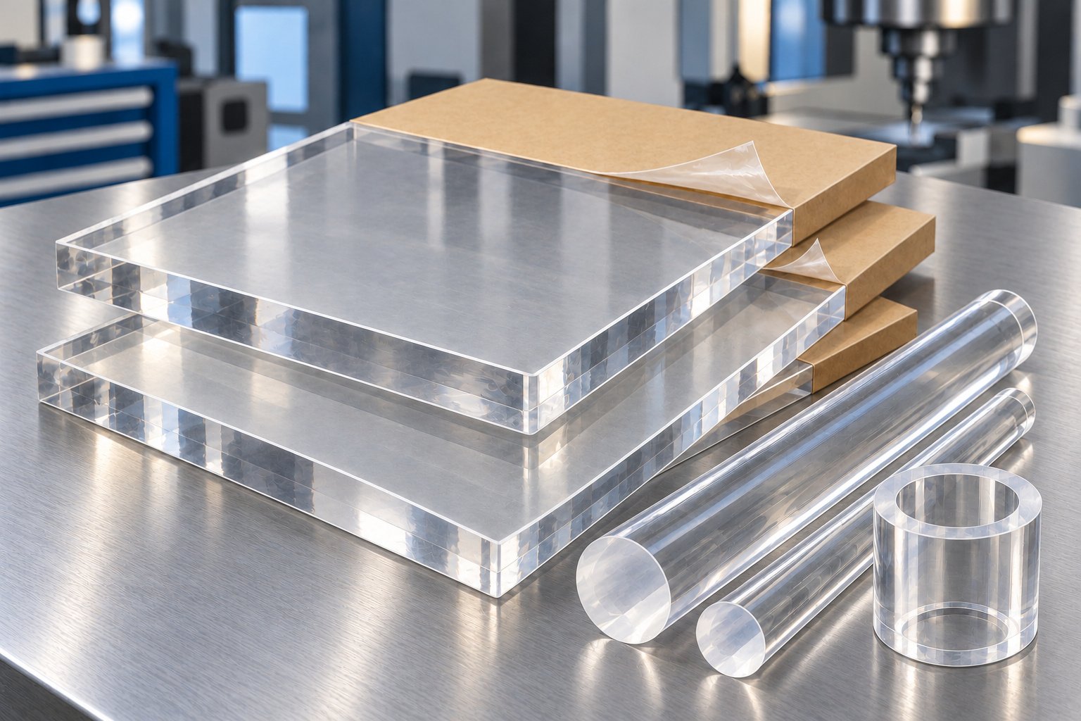 Clear acrylic sheet, rod and tube stock — illustrative generated concept