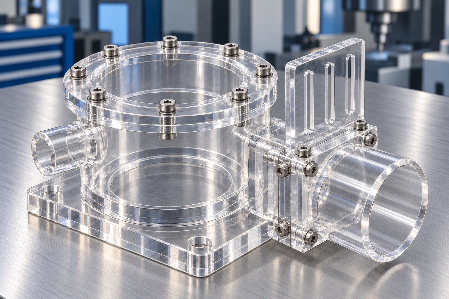 Clear acrylic inspection housing, window and tube concepts — illustrative generated concept