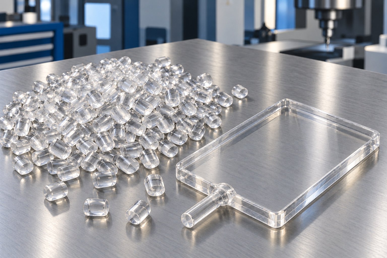 Translucent acrylic resin pellets and molded plaque — illustrative generated concept