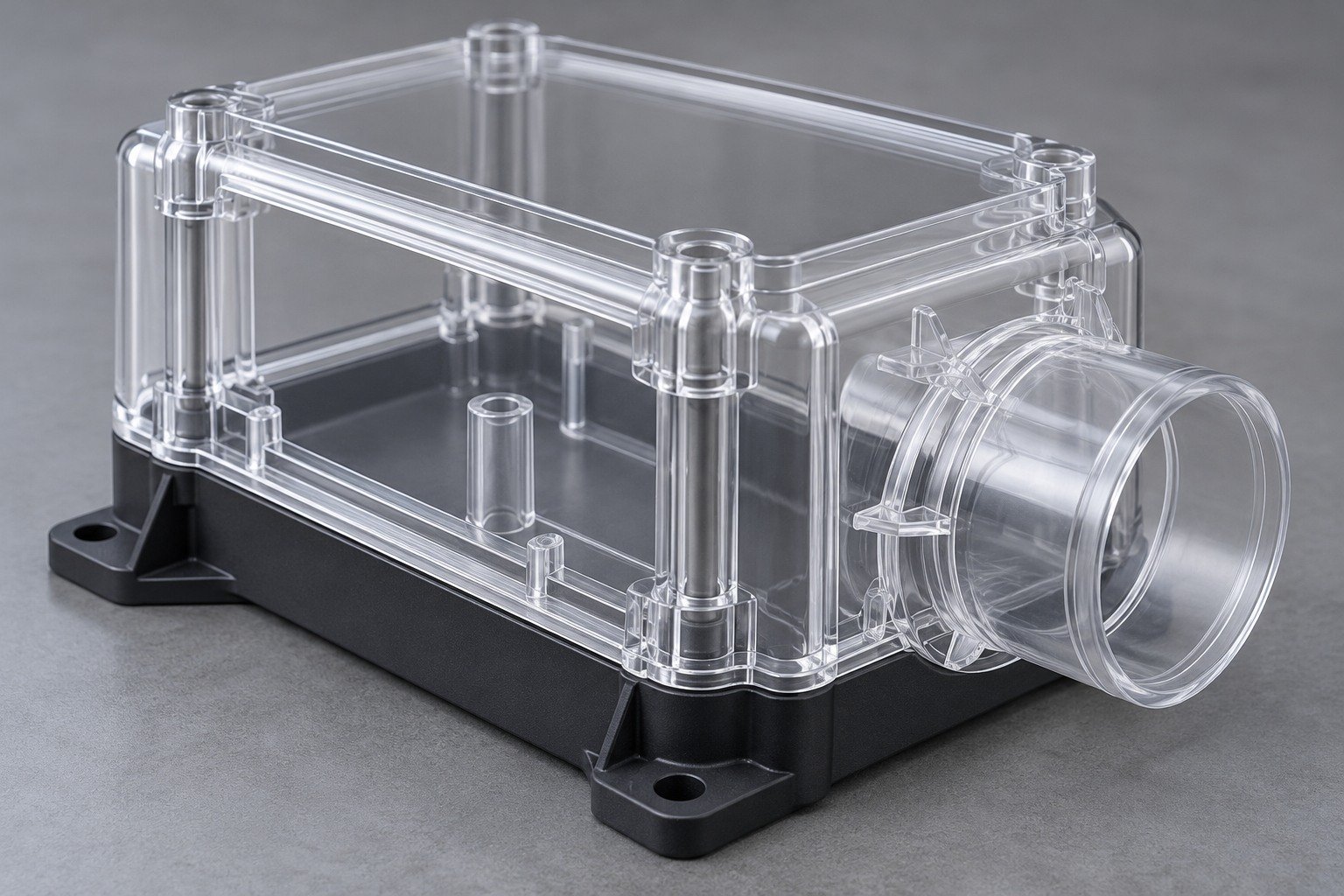 Illustrative clear PC housing with opaque mounting foot concept