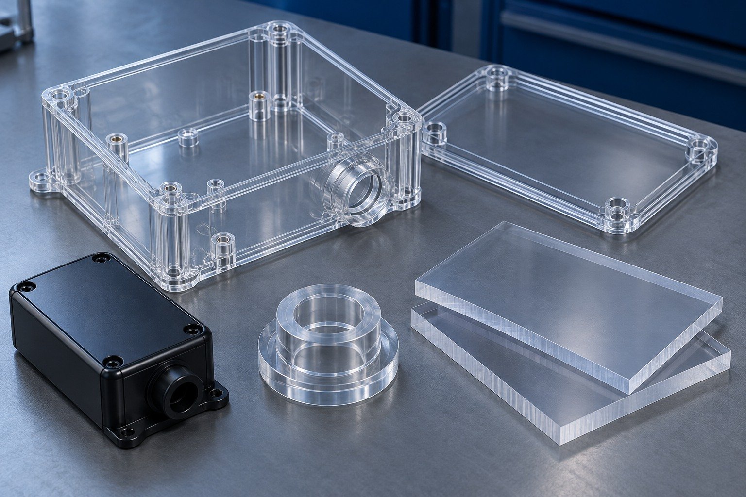 Polycarbonate PC mixed enclosures and stock — illustrative generated component concept