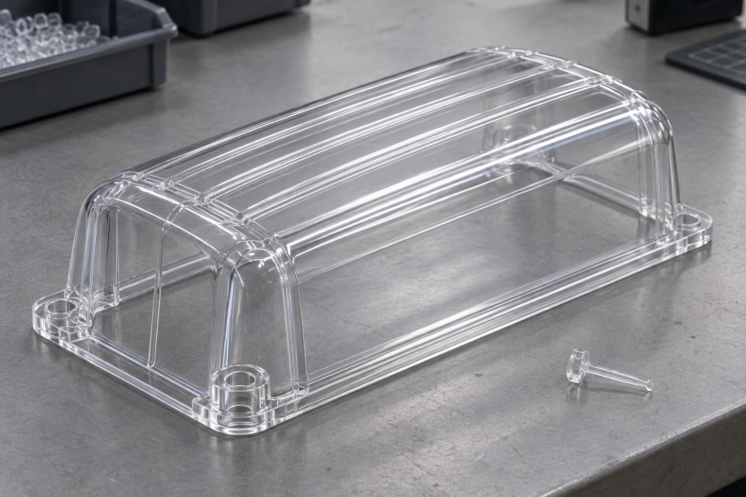 Polycarbonate PC molded ribbed shield — illustrative generated component concept