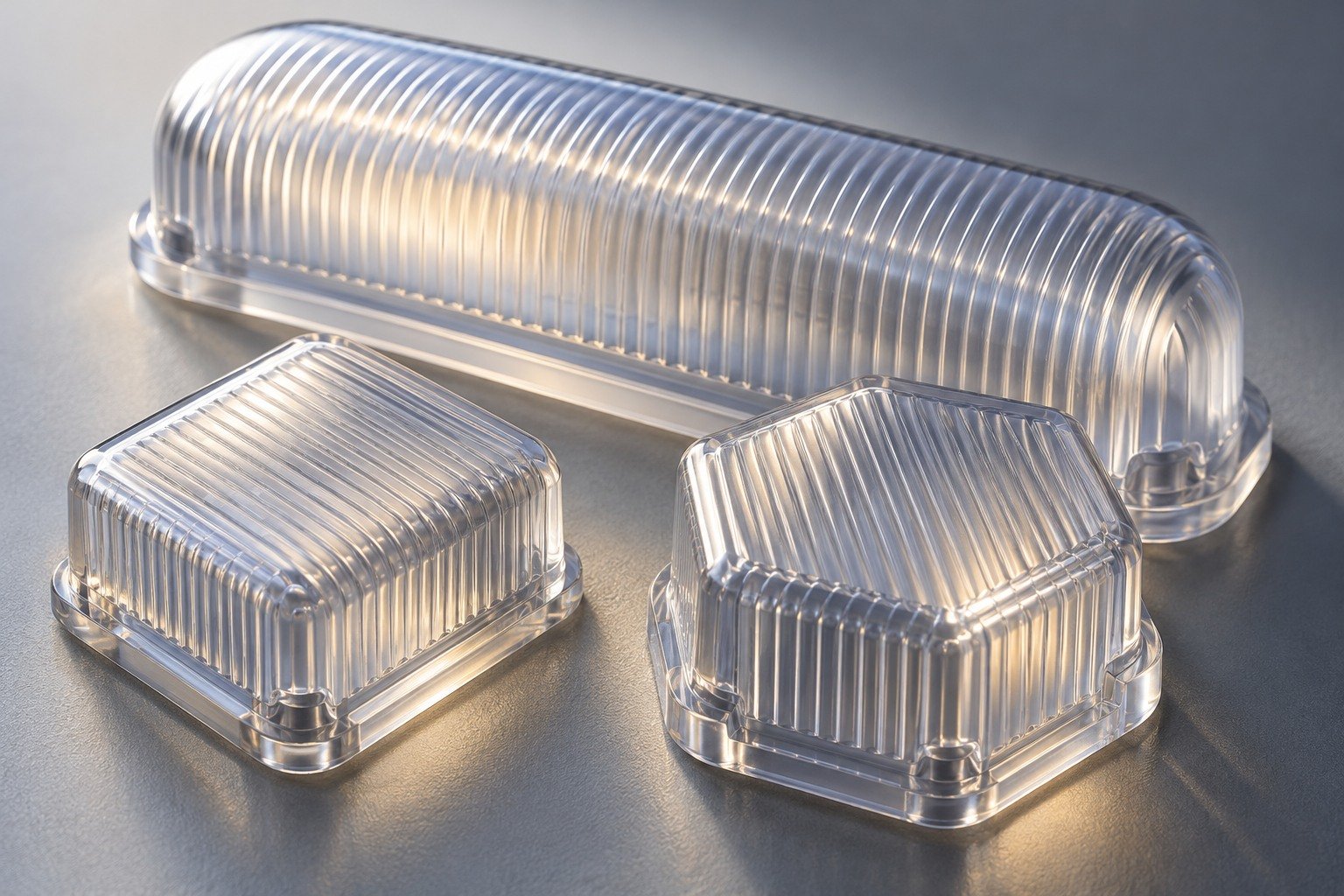 Polycarbonate PC ribbed sensor cap specimens — illustrative generated component concept