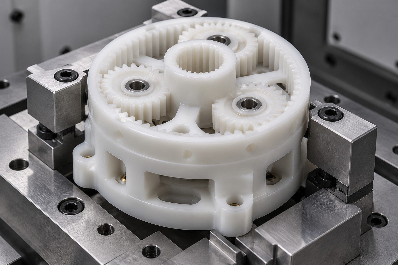White acetal CNC gear carrier — illustrative generated concept