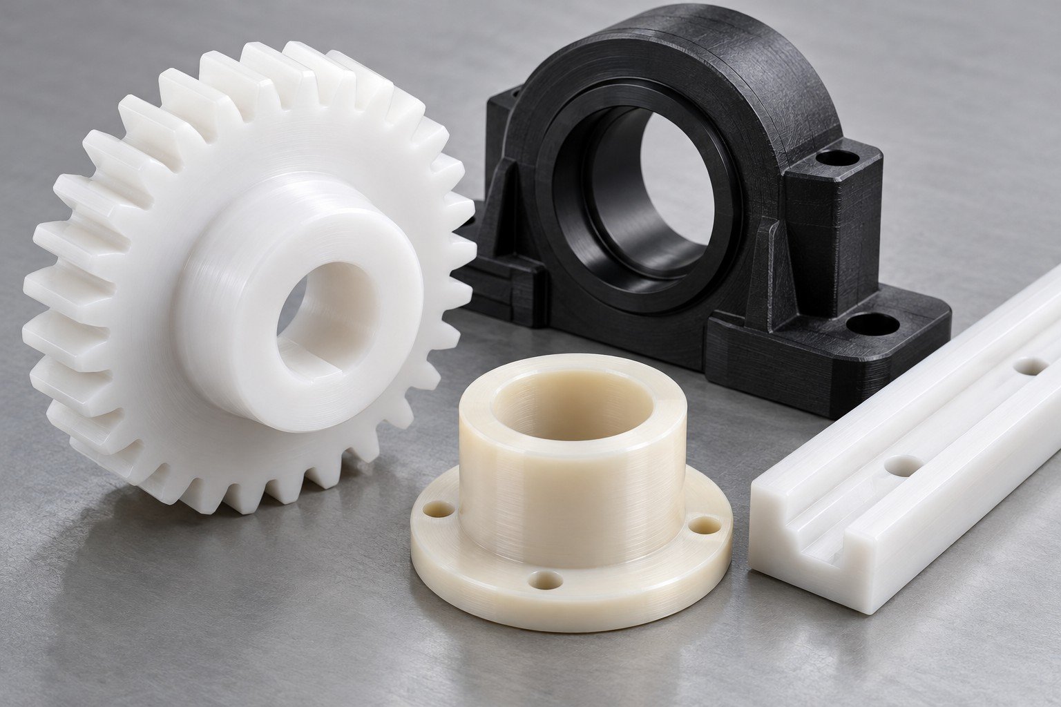 White and black POM gears, bush and guide component group — illustrative generated concept