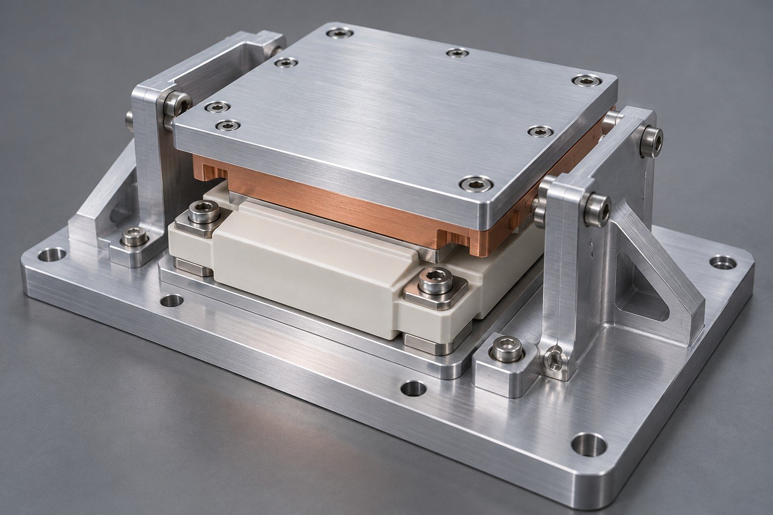 Illustrative generic power modules on a closed cold plate integration fixture concept, not documentary company or customer photography