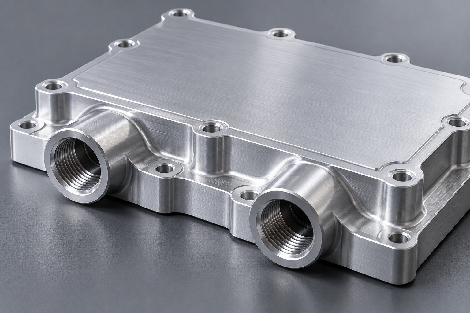 Illustrative ports and sealing faces on an power module cooling component concept, not documentary company or customer photography