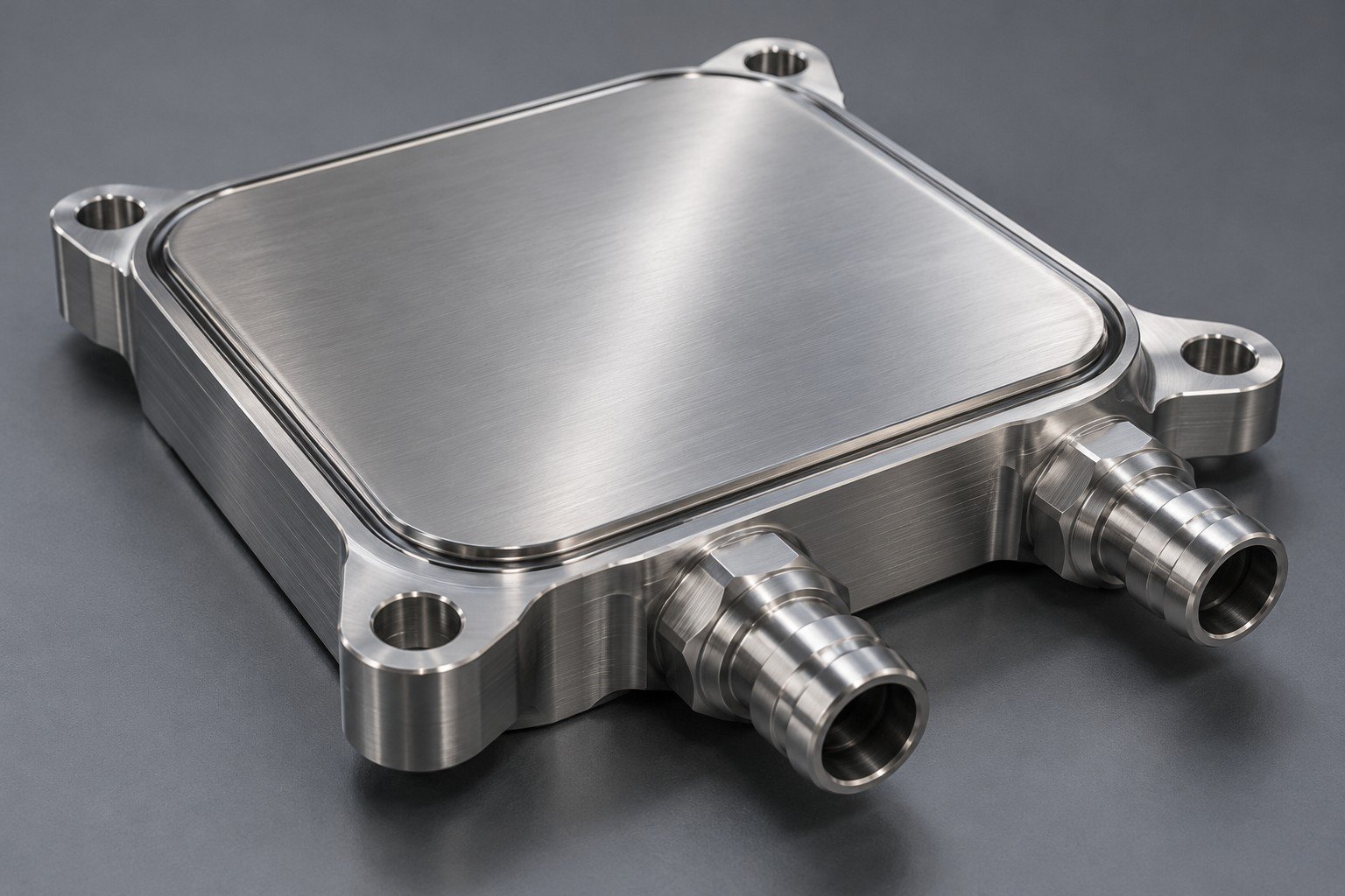 Illustrative page-specific closed power module cooling baseplate with solid contact lands and side ports; not a documentary customer part or confirmed module compatibility