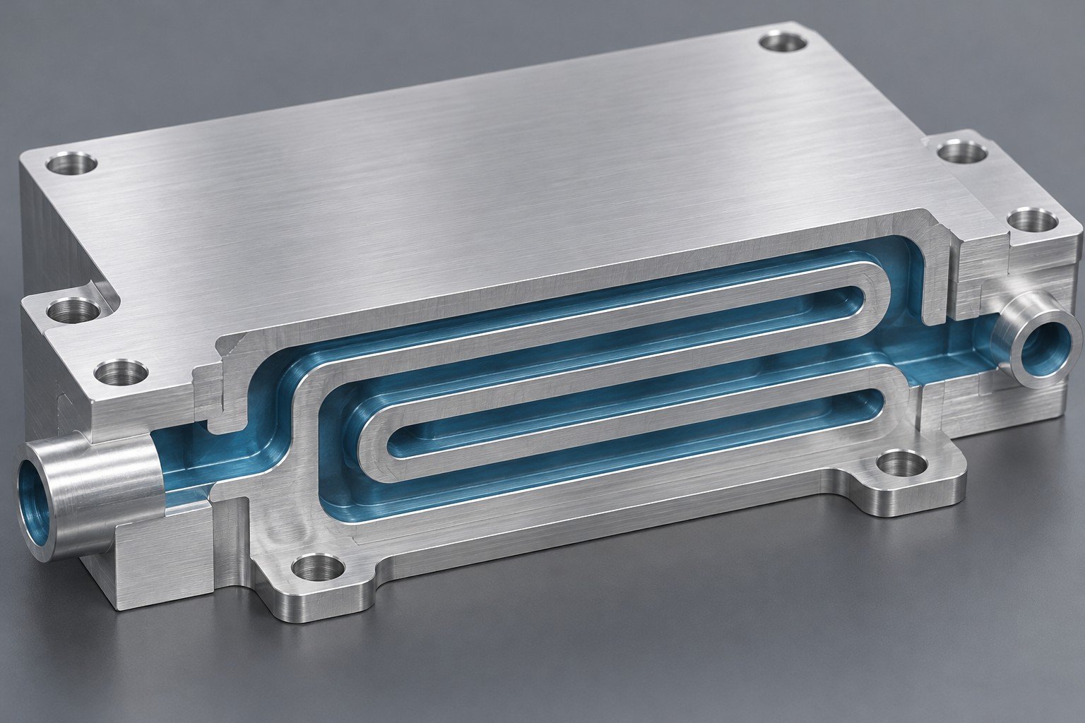Illustrative sectioned power module cold plate passage and solid contact land concept, not documentary company or customer photography