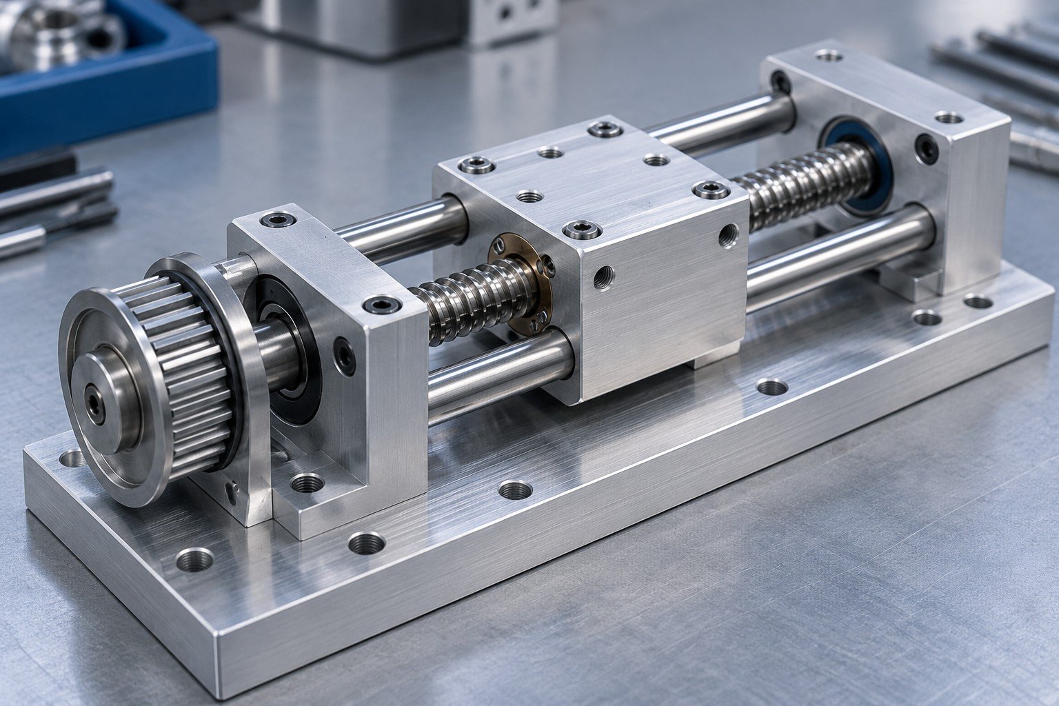 Illustrative prototype-to-production concept: linear drive subassembly with precision plate, bearing blocks, pulley and leadscrew