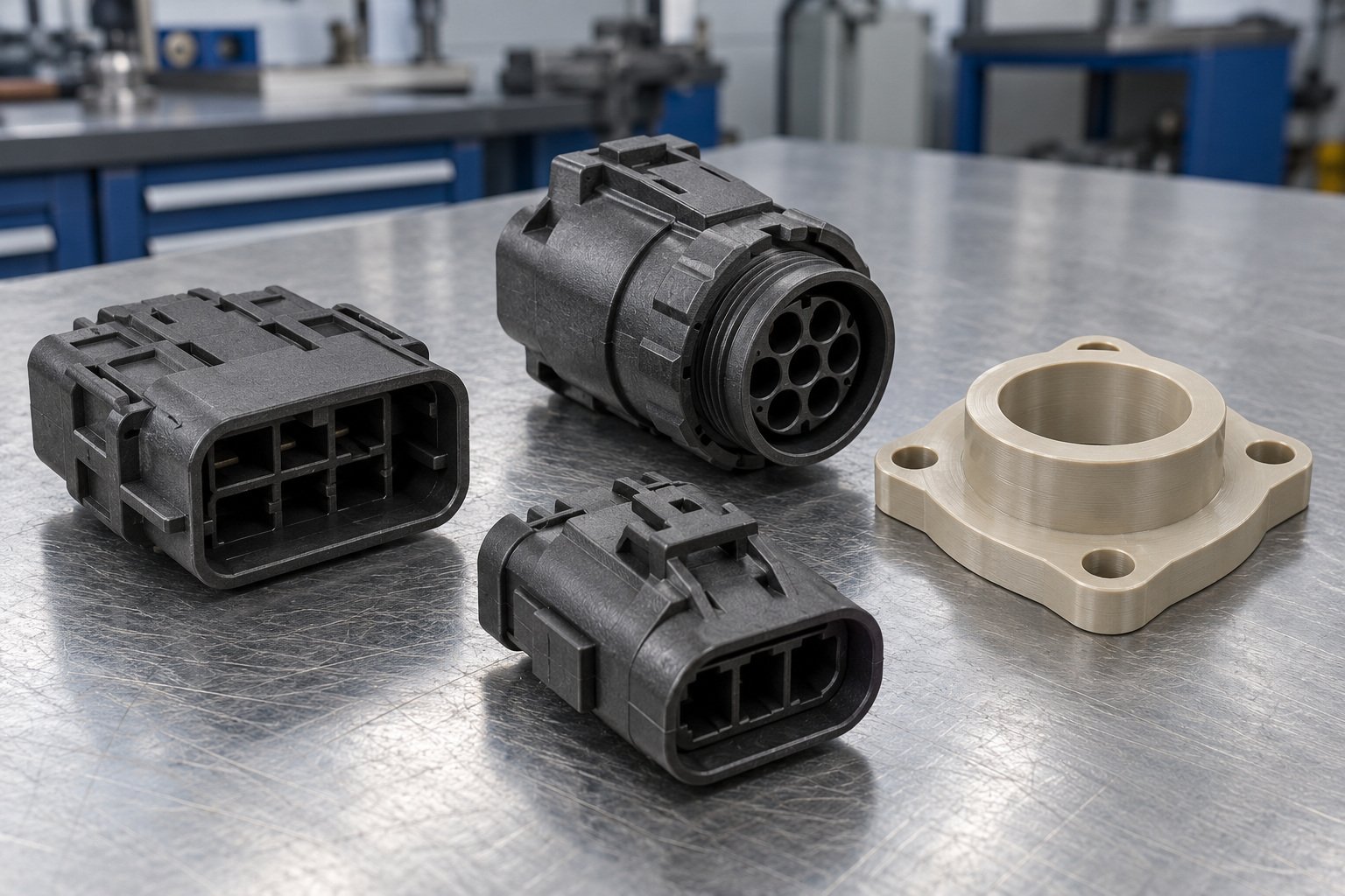 PPS connector housings and machined flange concepts — illustrative generated concept