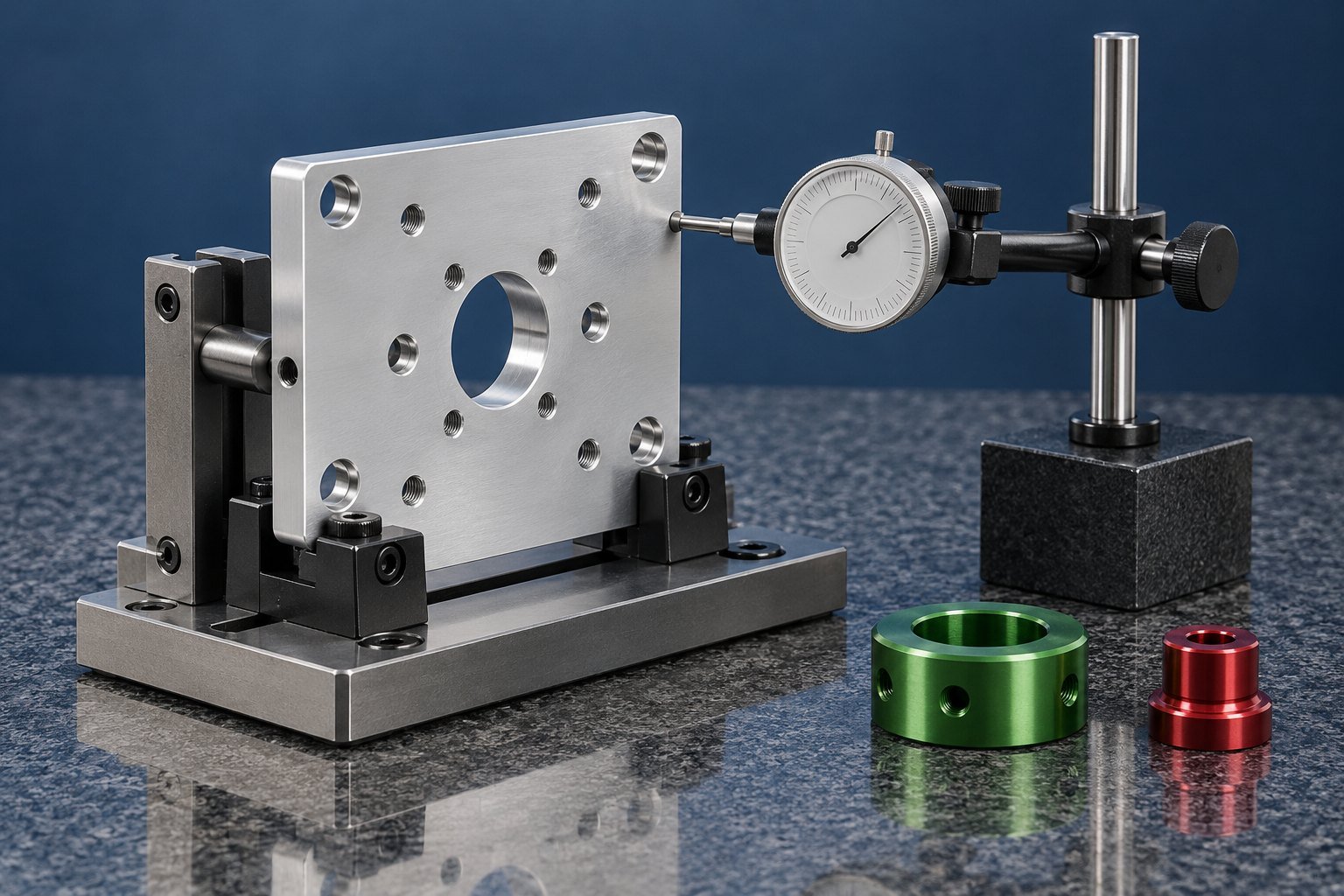 Colored aluminum parts and dimensional inspection fixture concept — illustrative aluminum component concept