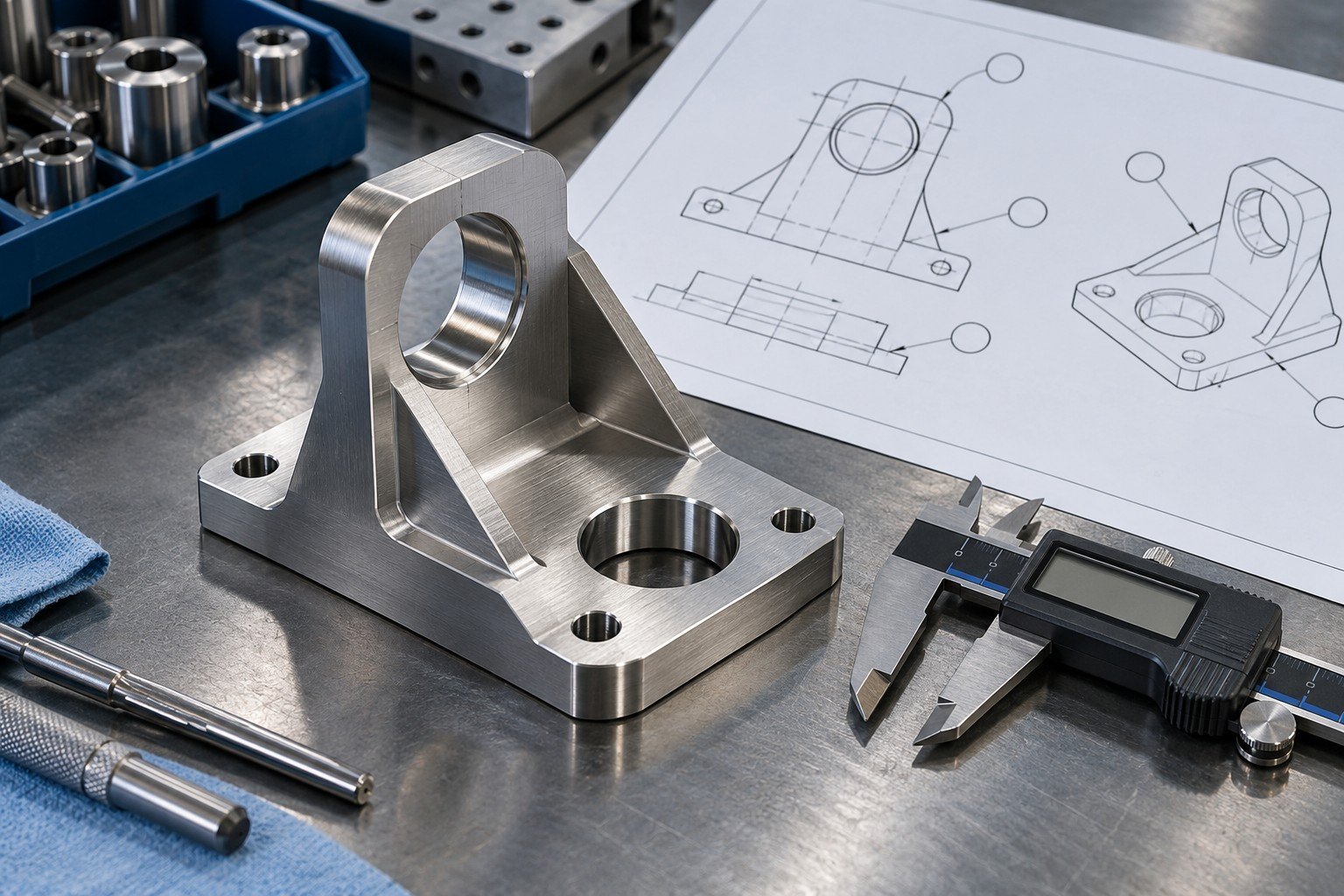 Unique stainless mounting bracket with two precision bores resting beside digital caliper and a plain geometry drawing containing only simple non-text circular callout markers; no readable measurements