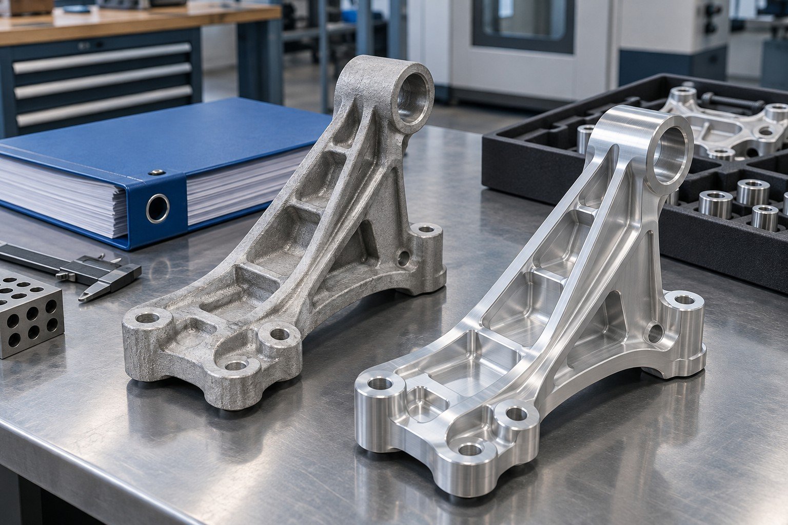 Automotive-style ribbed cast aluminum mounting arm and its machined sample beside an organized blank blue ring binder and separate sample tray; no logos or certificates
