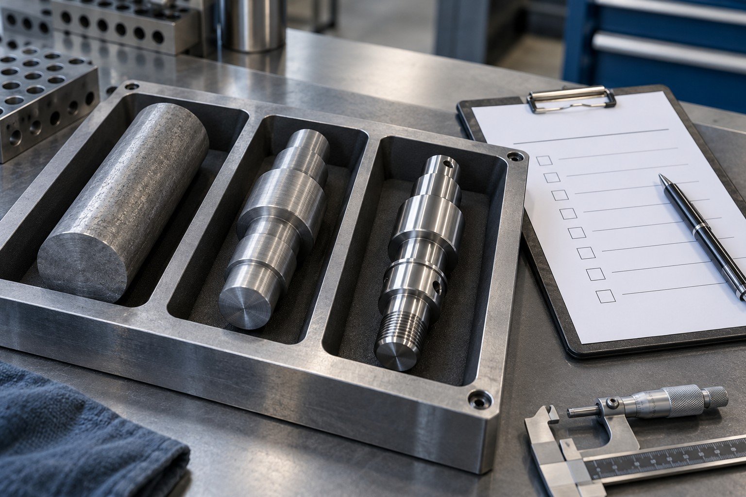 Three stages of a small machined steel stepped shaft from blank to semi-finished to finished in three separate pockets beside a blank process checklist clipboard