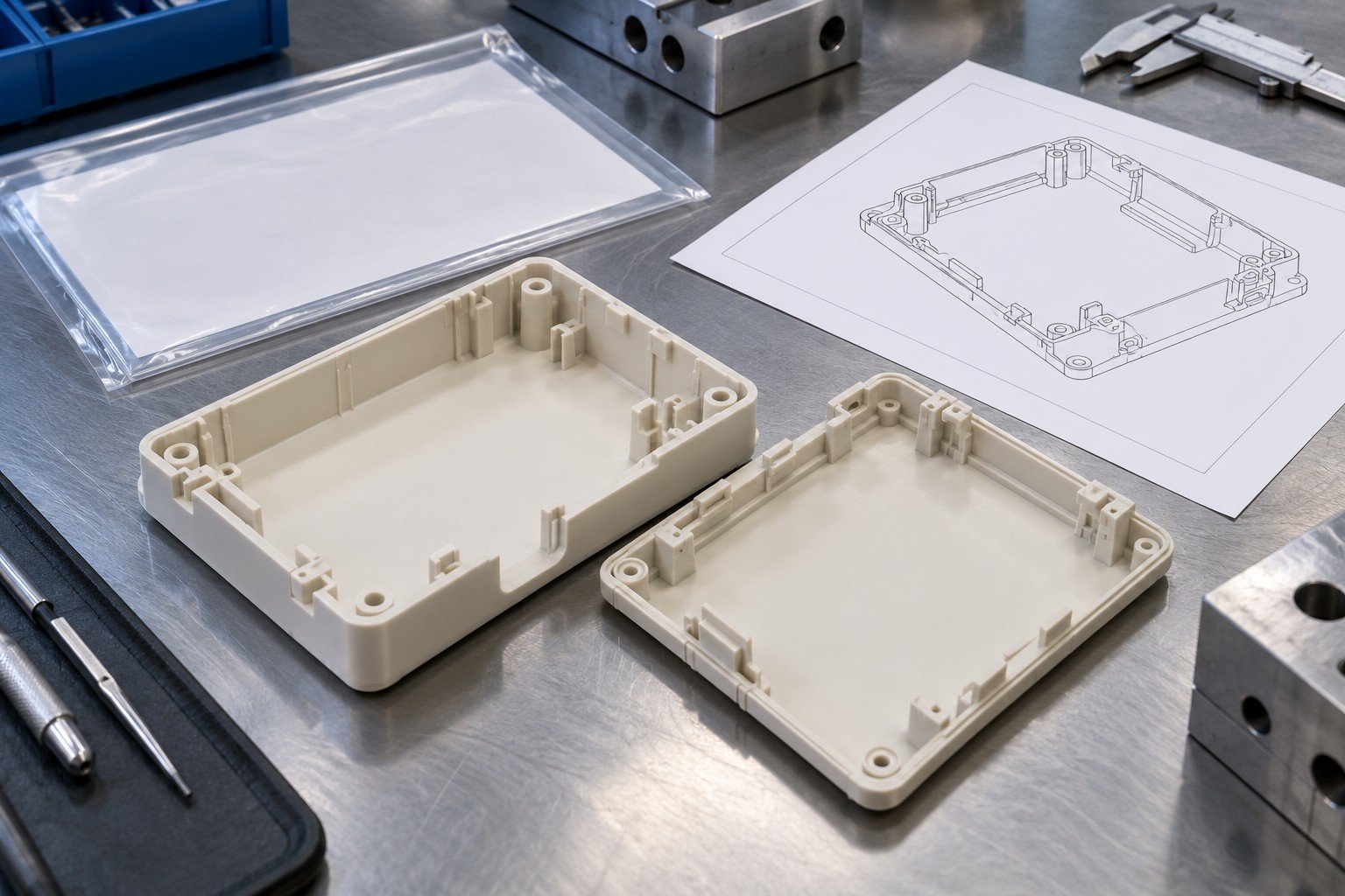 Two distinct ivory injection-molded enclosure covers with ribs and snap features beside a blank initial-sample record sleeve and one simple non-text outline drawing
