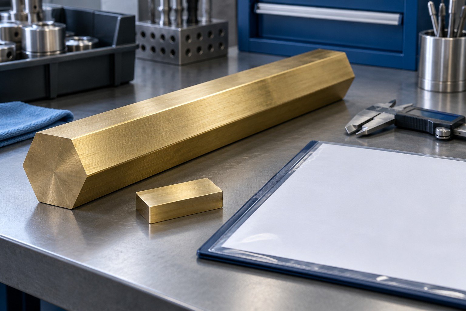 Hexagonal brass raw stock and separate small material test coupon on a tidy bench beside a blank analysis report sleeve; no test results