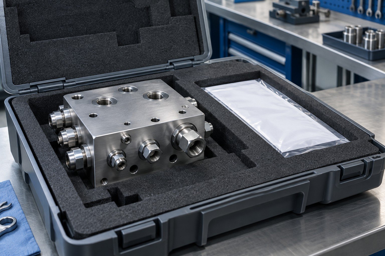 Finished stainless hydraulic connector block in fitted protective packaging beside a sealed plain conformance envelope; no readable certification