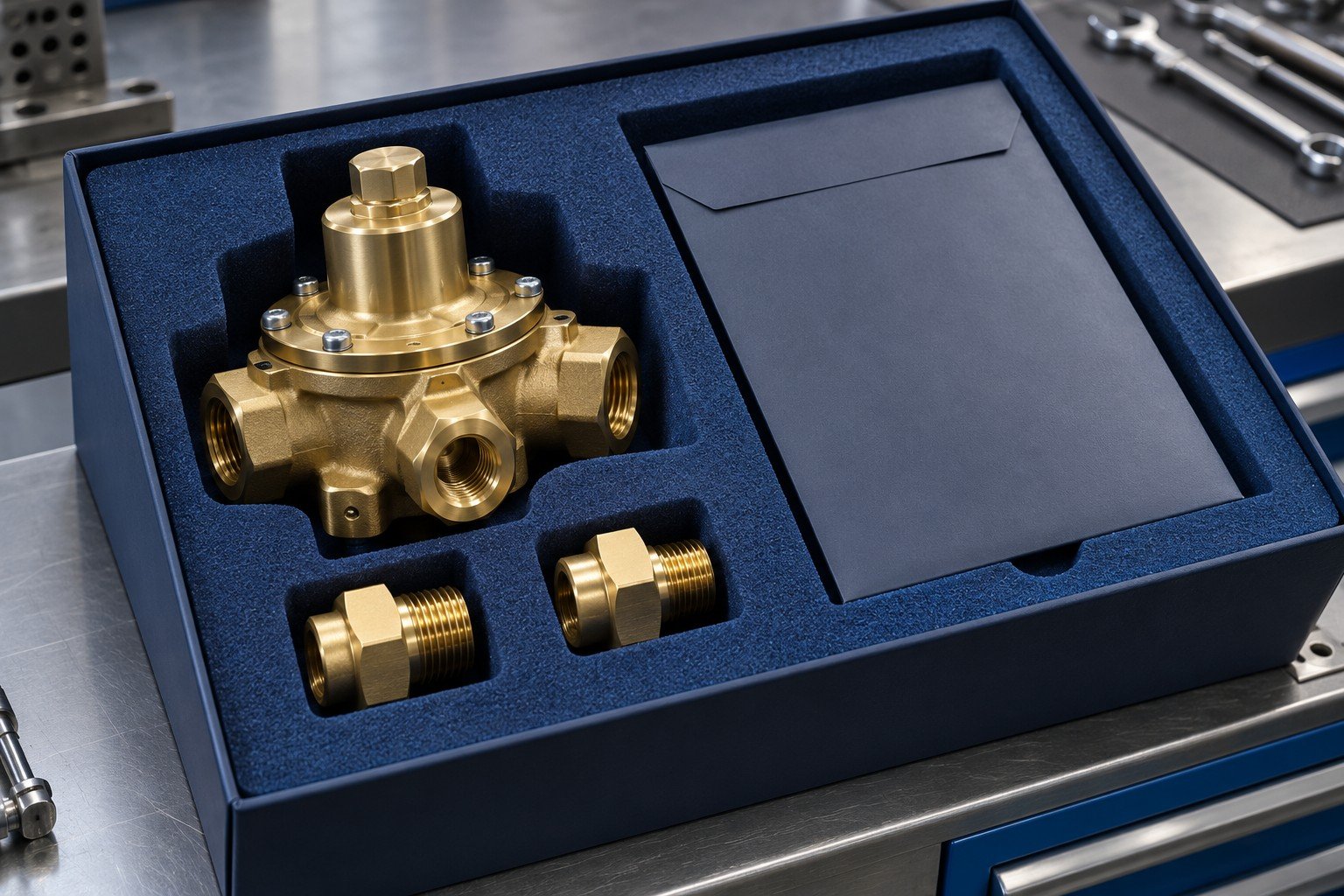 Illustrative documentation concept: brass regulator body and threaded adapters in protective packaging beside a closed conformance sleeve
