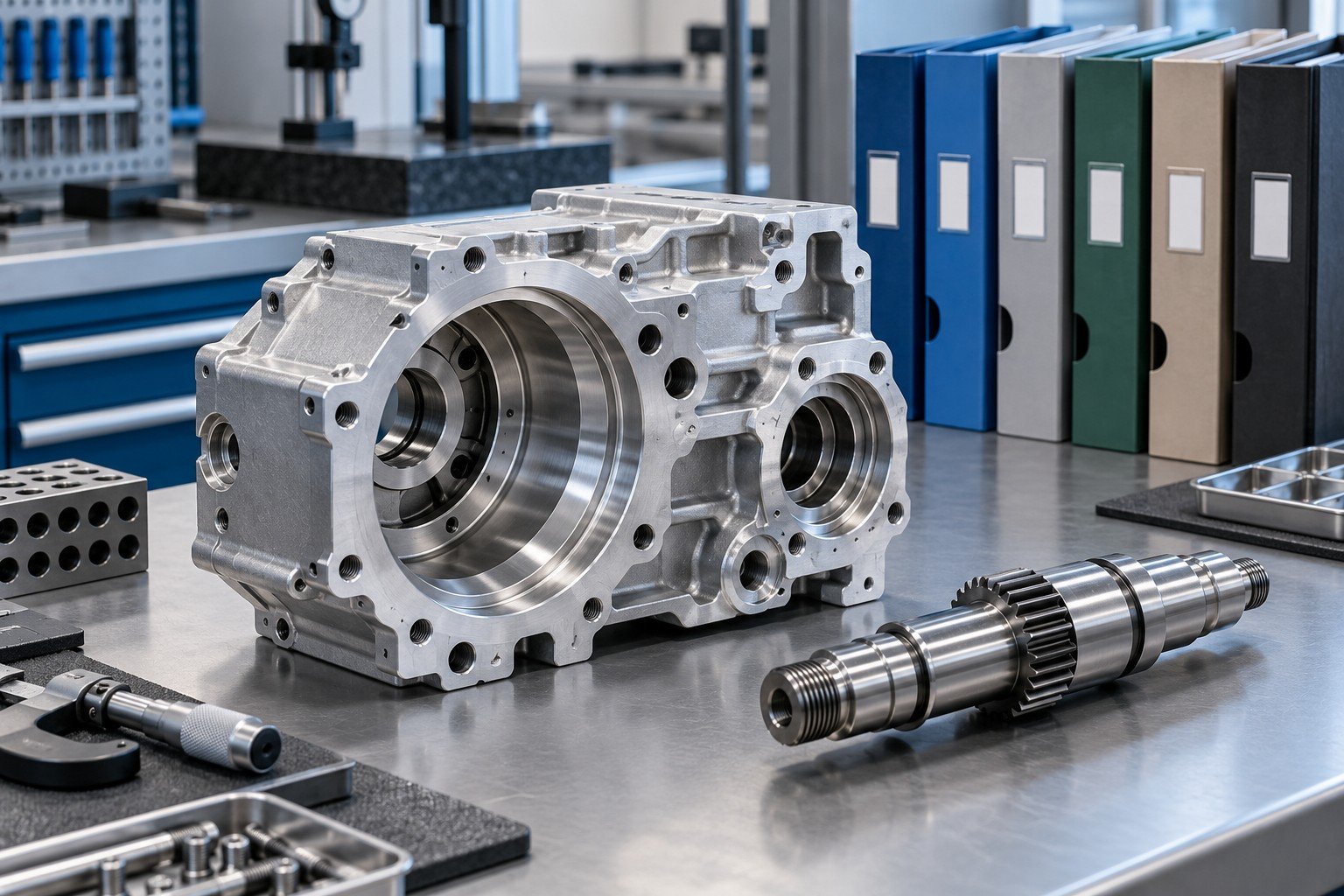 Complex precision-machined aluminum actuator housing with offset bores and removable steel shaft beside six neatly separated unmarked document folders on a pristine quality review workbench; no people
