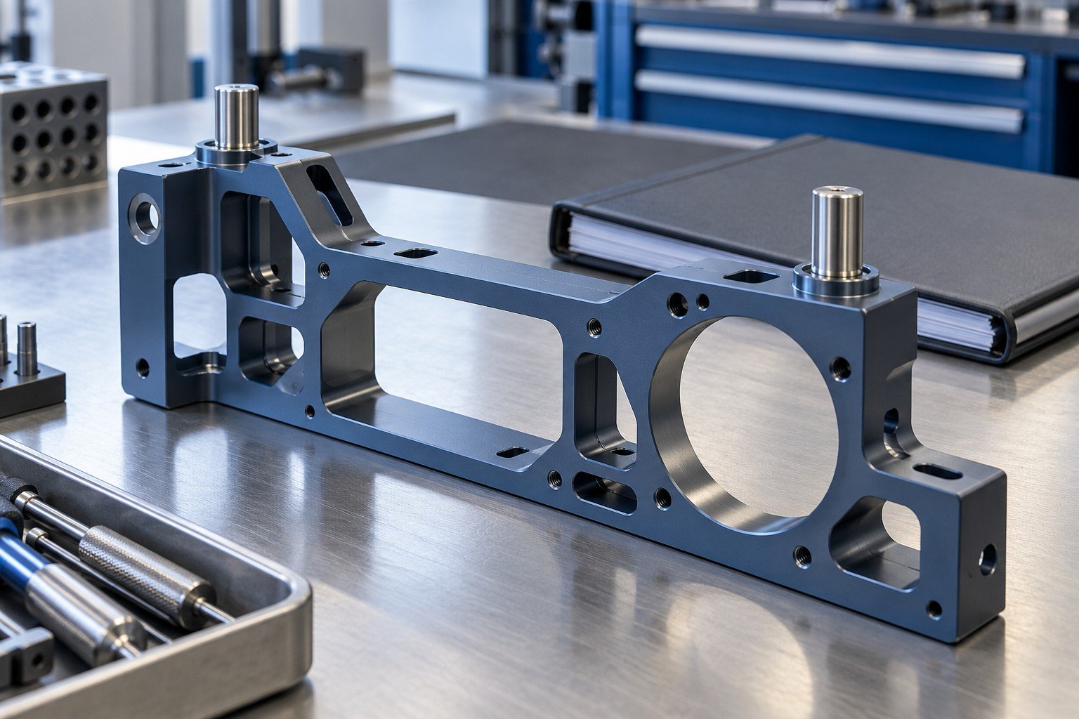 Precision anodized instrument mounting frame with asymmetric cutouts and two accurately fitted stainless dowels on a clean quality bench beside closed plain project record folder