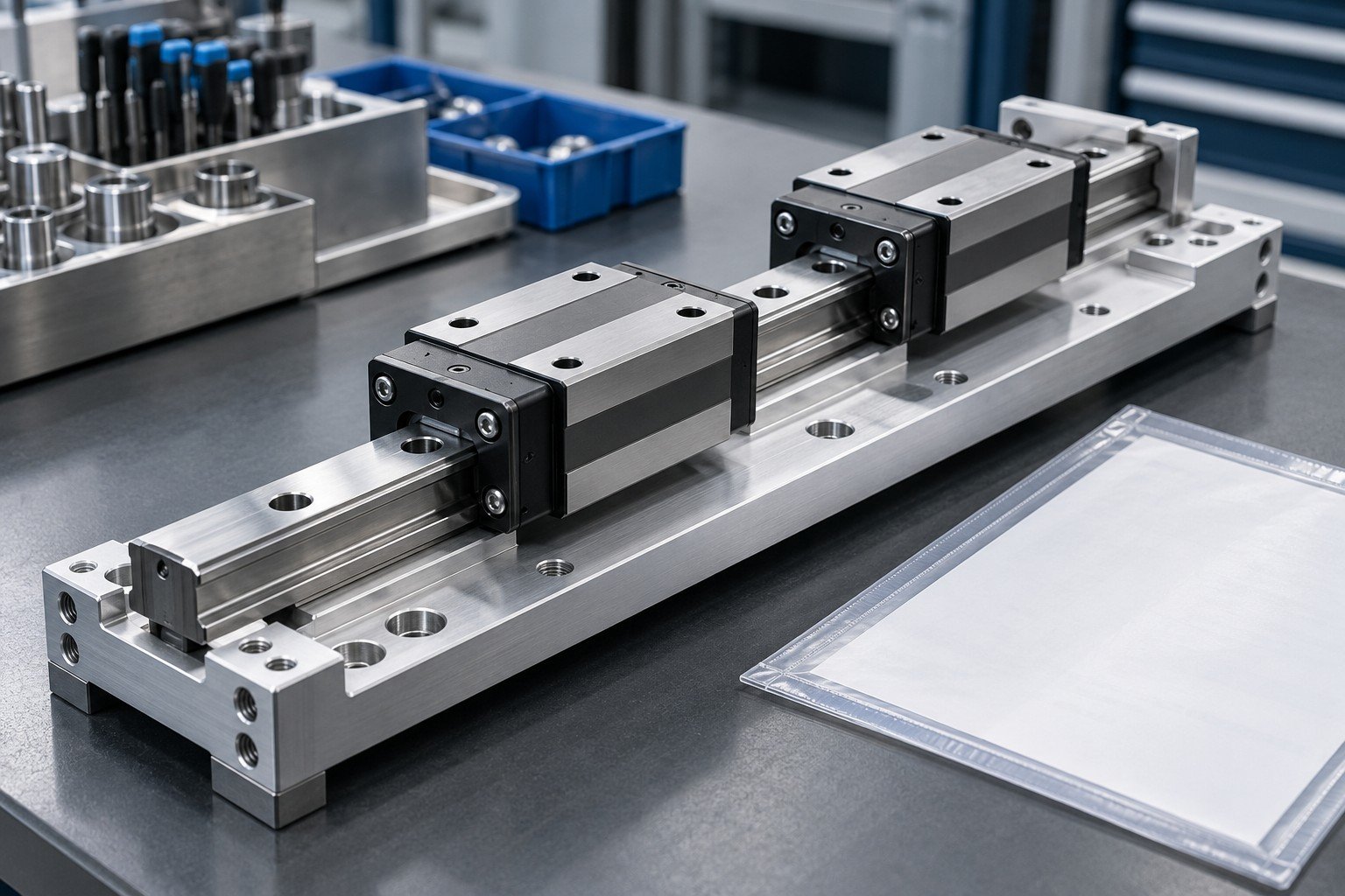 Compact mechanical automation bearing carriage with steel rail, two bearing blocks and machined aluminum base beside plain assembly inspection record sleeve