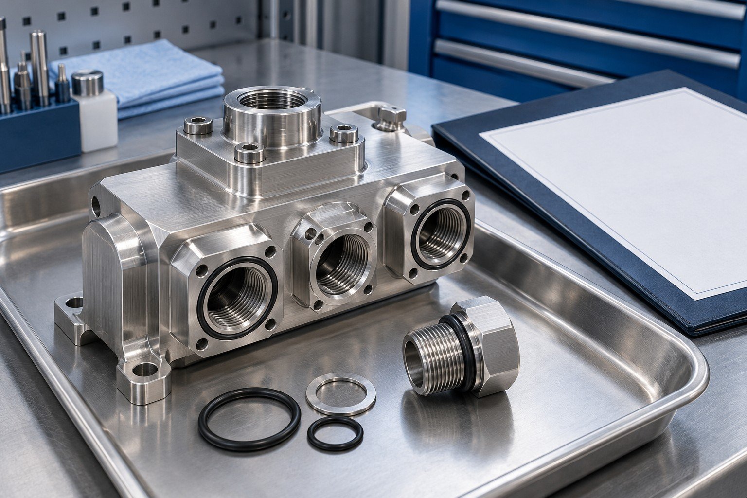 Stainless fluid control manifold with three realistic threaded ports, seals and separate precision plug in clean tray beside blank process certificate folder