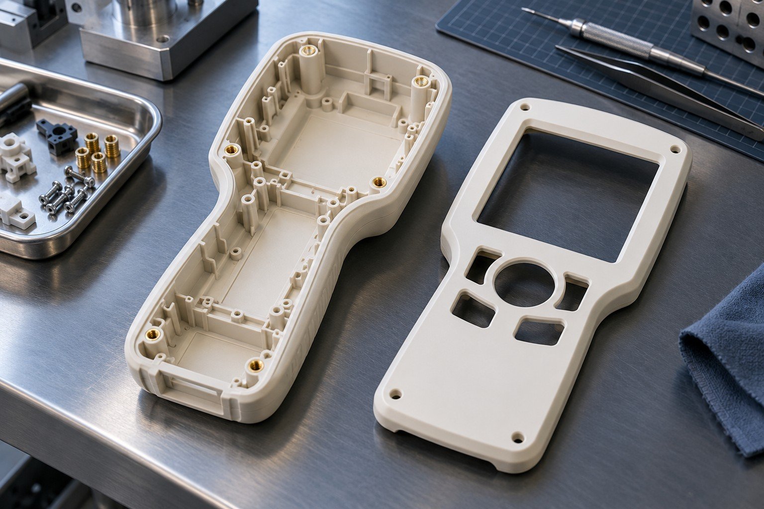 Ivory plastic handheld instrument housing with separate faceplate, realistic internal ribs and brass inserts beside plain cosmetic inspection record sleeve