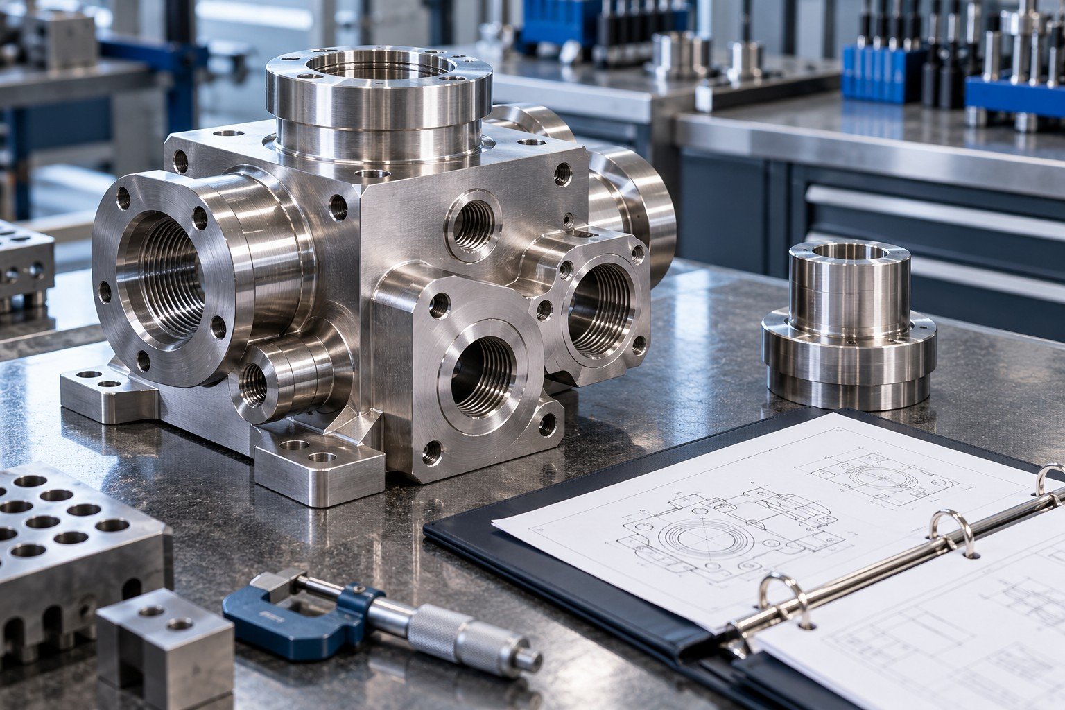Complex CNC machined stainless instrument manifold with cross bores, turned stepped bushing and individual blank inspection folder; no people