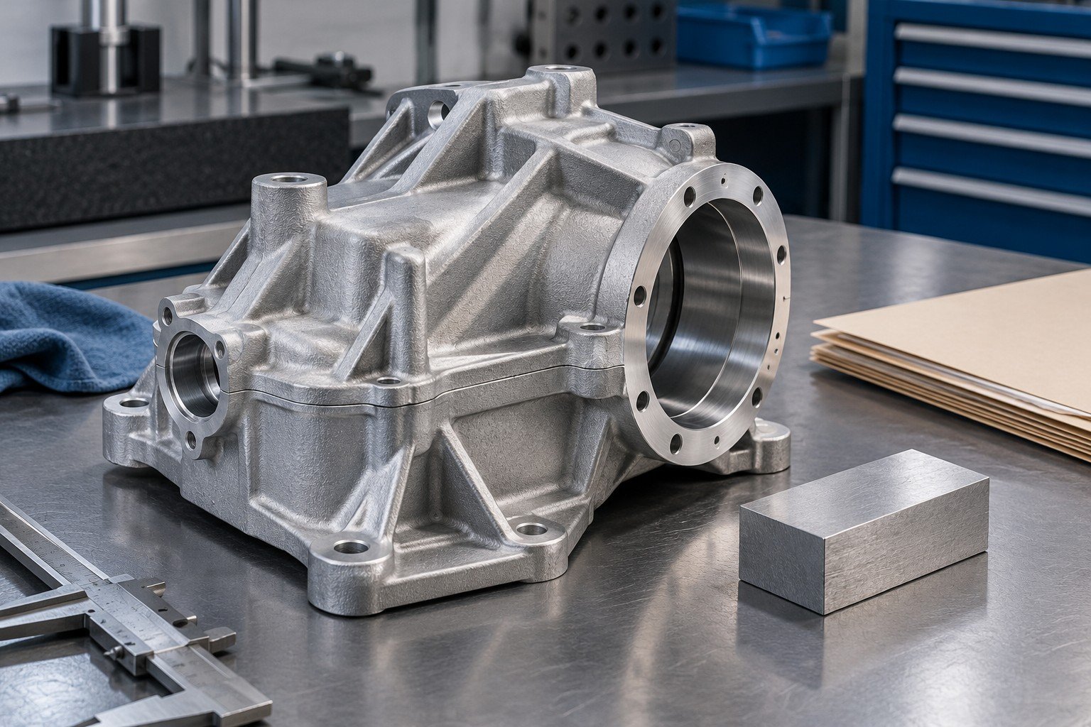 Aluminum casting with draft, filleted ribs, parting line and secondary machined bore, beside separate metal sample coupon and plain source record folder