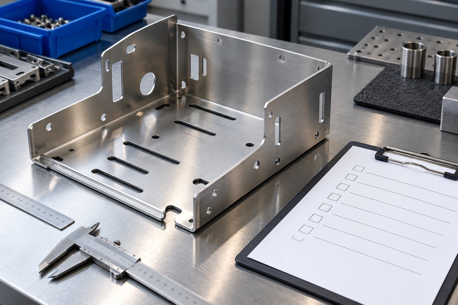 Bent brushed stainless sheet metal mounting chassis with punched holes, two hems and laser cut slots beside a simple blank inspection checklist